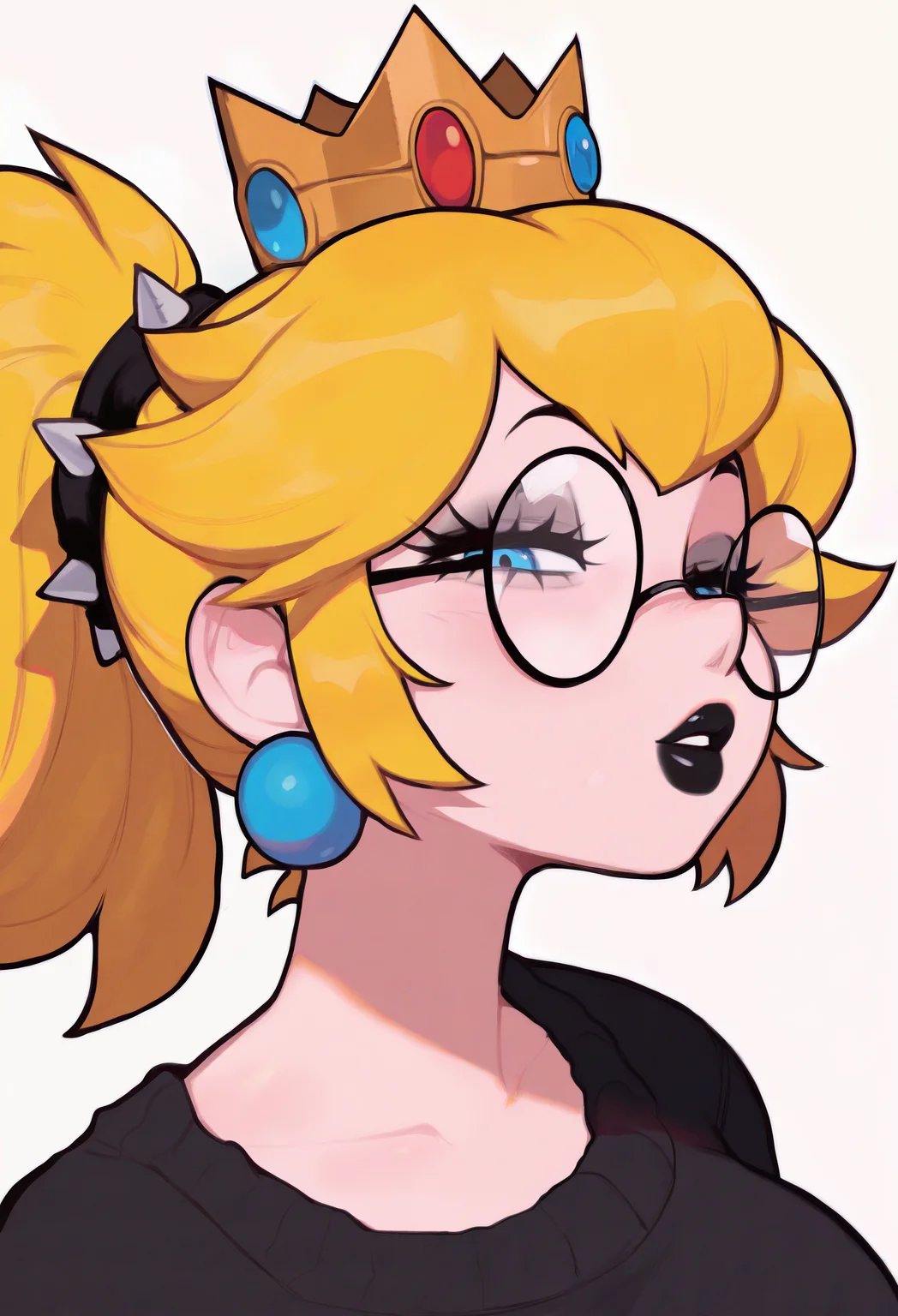 masterpiece, best quality, absurdres, very aesthetic, 1girl, solo, princess peach, portrait, ponytail, black lips, goth fashion, black sweater, round eyewear, parted lips, blonde hair, spiked hair tie, white background, crown