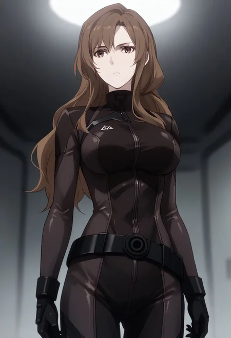 score_9, score_8_up, score_7_up, score_6_up, score_5_up, score_4_up, source_anime, solo, 1girl, 
Moeka rounders outfit | Brown hair, long hair, brown eyes, bodysuit, belt, large breasts, black gloves, 
masterpiece, best quality, very aesthetic, absurdres,