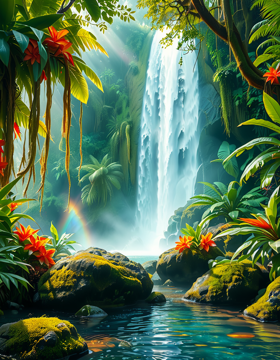 A stunning and tranquil view of a jungle waterfall cascading down smooth, moss-covered rocks into a crystal-clear pool below. The scene is surrounded by dense, lush greenery, with towering tropical trees and vibrant, oversized ferns creating a natural canopy that filters sunlight into dappled patterns on the forest floor. Brightly colored flowers in shades of red, orange, and purple add splashes of color among the greenery, while vines and roots wind their way around the rocks and trees. Mist rises from the base of the waterfall, catching the sunlight and creating a soft, ethereal glow, with a faint rainbow visible in the spray. Exotic birds with iridescent feathers can be seen perched on branches, and the faint sound of distant animal calls adds to the sense of a thriving, untouched paradise. The overall atmosphere is serene, magical, and vibrant, capturing the untamed beauty of nature.<lora:SDXLFaeTastic2400:0.4> <lora:extremely_detailed:0.4> extremely detailed, <lora:Jungle_w4t3rf4ll:1>,Jungle w4t3rf4ll, Masterpiece,best quality,hi res,8k,hi res,8k,award winning,(sharp focus, intricate, highly detailed),