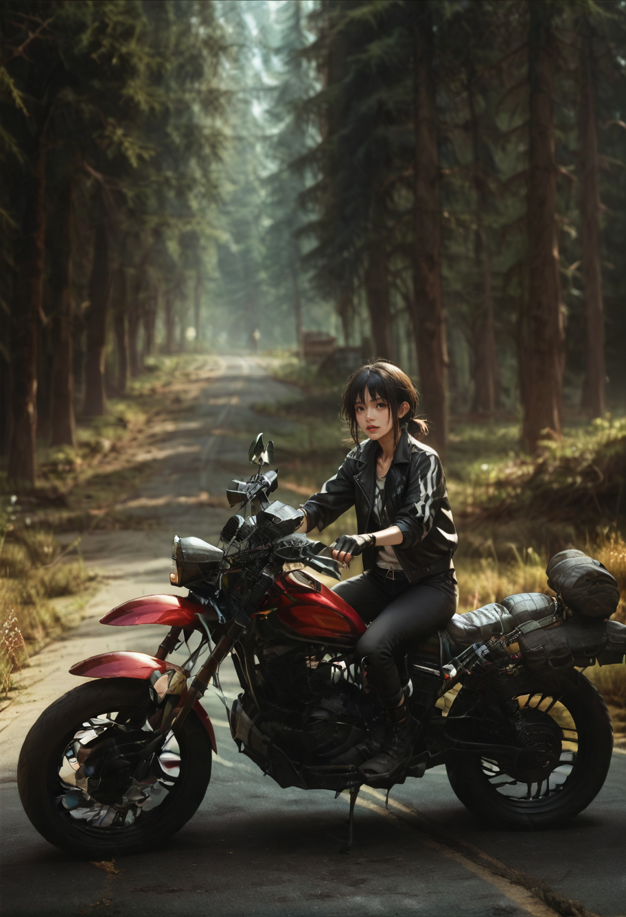 ,ruanyi0960,motorcycle,outdoors,forest,no humans,<lora:0960 Motorcycle parked on forest road_v1_pony:0.9>, score_9,score_8_up,score_7_up,,8k,1girl,solo,,