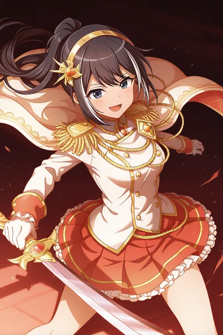 masterpiece, best quality, amazing quality,
<lora:Kuina_IL:1> kuina, 1girl, weapon, sword, skirt, solo, epaulettes, gloves, hair ornament, holding weapon, long hair, holding, smile, open mouth, red skirt, aiguillette, black hair, holding sword, white gloves, hairband, ponytail, white jacket, jacket, cape, white cape, frills, altsk
