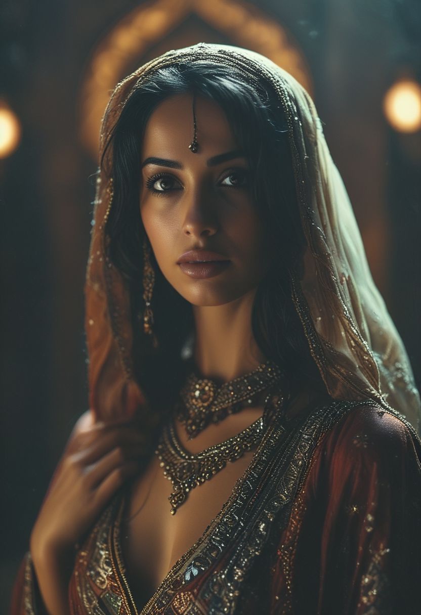 medium shot, dark photo, a evocative medium shot of a beautiful arabian woman