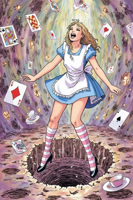itacomic1 illustration. Overhead view of Alice in Wonderland falling into the rabbit hole, with her legs dangling beneath her. She is looking upward, her face filled with shock and terror as she screams. Her blue dress and white apron billow out around her as she tumbles, while her striped stockings and black shoes are visible below. The rabbit hole is a swirling, chaotic mix of vibrant colors, playing cards, teacups, and other Wonderland objects floating around her. Soft glowing light emanates from the tunnel walls, adding an eerie, fantastical feel to the scene. The sense of motion and fear is palpable as Alice falls deeper into the unknown.  <lora:itacomic_mima3_fl_d4a2:1.0><lora:800885476841155804:0>