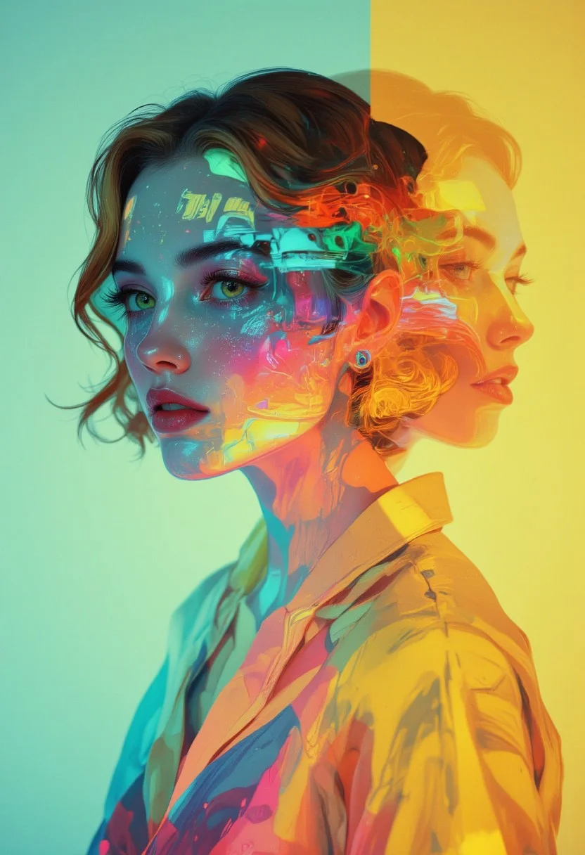 A striking multiple exposure portrait combines three precisely aligned frames of a blonde woman turning her head, captured on expired Kodak Ektachrome. The deliberate color shift from the aged film stock creates unexpected pastel tones in her hair, while cross-processing introduces intense contrast in the highlights. Strategic use of colored gels on strobe lights during each exposure adds distinct chromatic layers - cyan, magenta, and yellow - that separate each motion phase while maintaining a cohesive composition. The final image shows intentional light leaks and chemical staining that frame the movement sequence pscho_4rt, surreal, abstract, glitch, aidmafluxpro1.1, Anime art