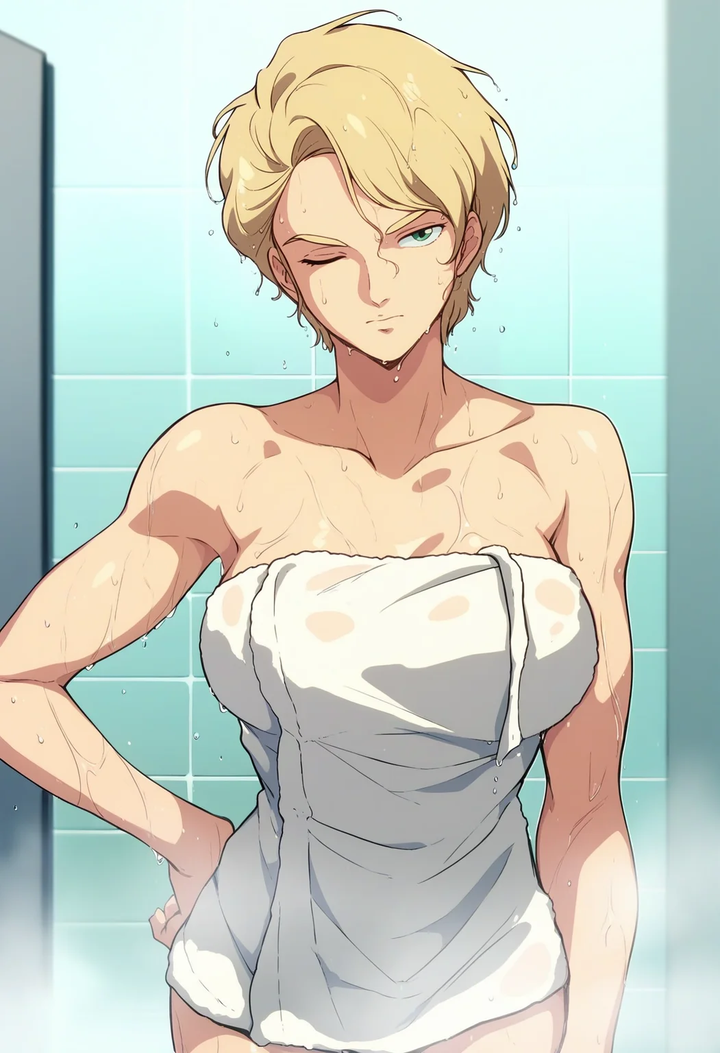 score_9, score_8_up, score_7_up, score_6_up, <lora:LilaMillaRira_epoch_9:0.8>, LilaMillaRira, short hair, blonde hair, green eyes, large breasts,
standing, naked towel, looking at viewer, one eye closed, sweat, wet, hand on own hip, portrait, wet hair,
BREAK indoors, shower \(place\),