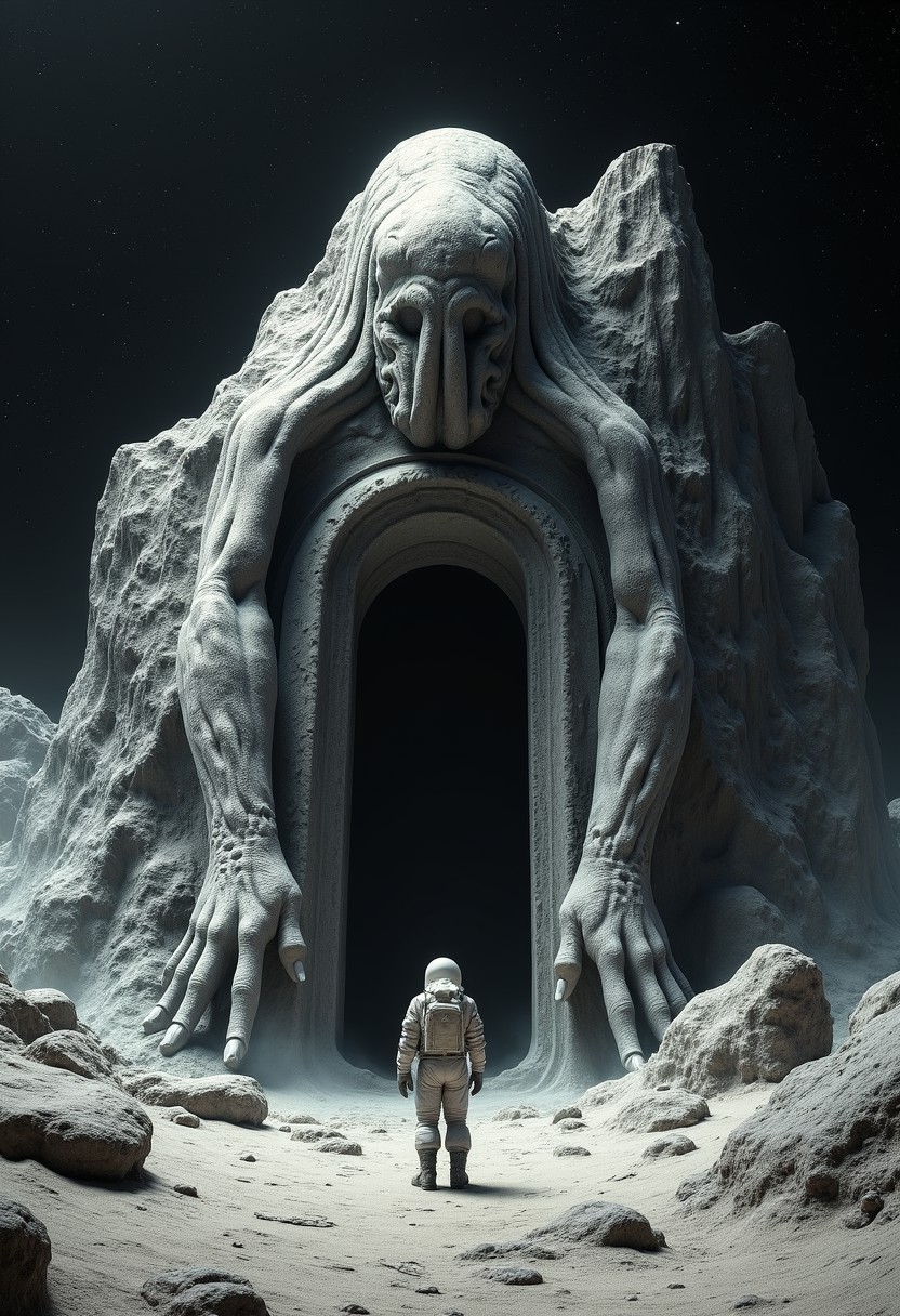 photograph of giant lovecraft chtulhu statue carved in mountain with a door at its feet,
(front centered wide shot, huge gate, big size difference, on a moon planet, rear view of man in space suit standing:1.2),
black dark blank space background, hard lighting