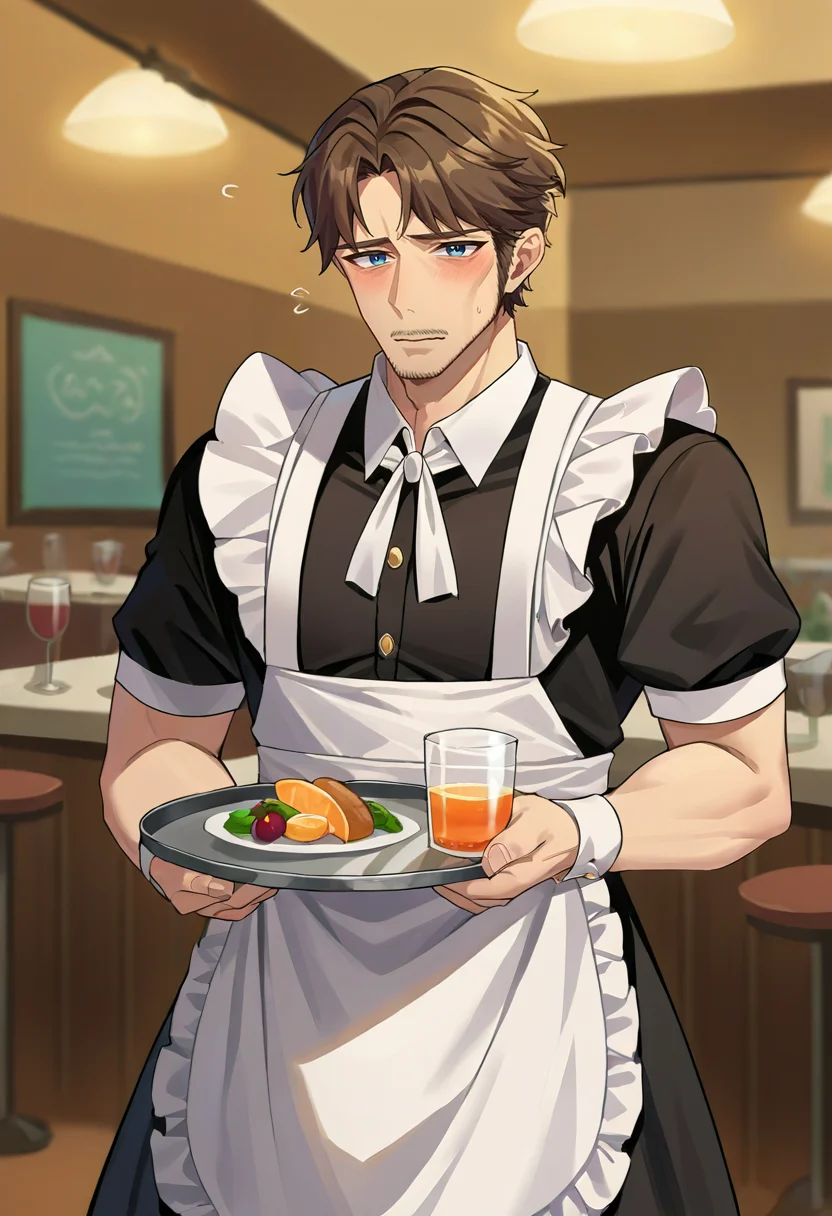 source_9,source_8_up,source_7_up,jeloandersen,solo,maid cafe,mature male,brown hair,blue eyes,maid,enmaided,holding tray,drink,looking at viewer,embarrassed,<lora:Andersen-JeloXL:1>,