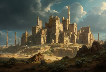 Wide landscape during the day with oriental, ancient ruins and dramatic, dark sky, with side light. Composition and colour scheme in the style of Peter Paul Rubens and Caspar David Friedrich. Cinematic. View from a distance