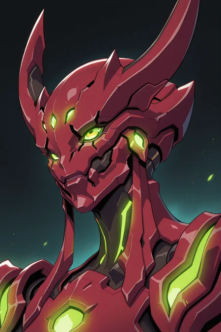 masterpiece, best quality, amazing quality,
<lora:Rouge_IL:1> red armor, helmet, horns, no humans, solo, science fiction, green glowing, portrait, looking ahead, mecharouge
