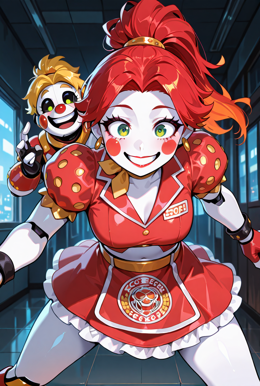 <lora:ilglambab-10:1> glambab, white skin, red hair, ponytail, wide smile, earrings, short puffy sleeves, red fingerless gloves, red dress, red lips, green eyes,, red nose,  ((dynamic pose)), midriff window,, ((animatronic, robot, faceplates, line on face)),, score_9, score_8_up, score_7_up, masterpiece, best quality, masterpiece, best quality, amazing quality, very aesthetic, absurdres, newest,