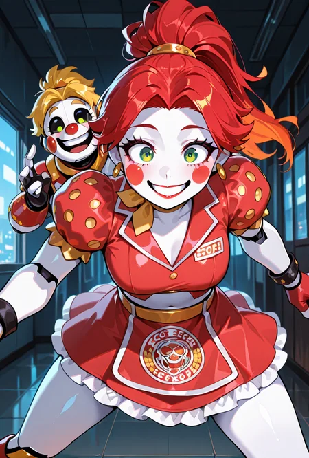 <lora:ilglambab-10:1> glambab, white skin, red hair, ponytail, wide smile, earrings, short puffy sleeves, red fingerless gloves, red dress, red lips, green eyes,, red nose, ((dynamic pose)), midriff window,, ((animatronic, robot, faceplates, line on face)),, score_9, score_8_up, score_7_up, masterpiece, best quality, masterpiece, best quality, amazing quality, very aesthetic, absurdres, newest,