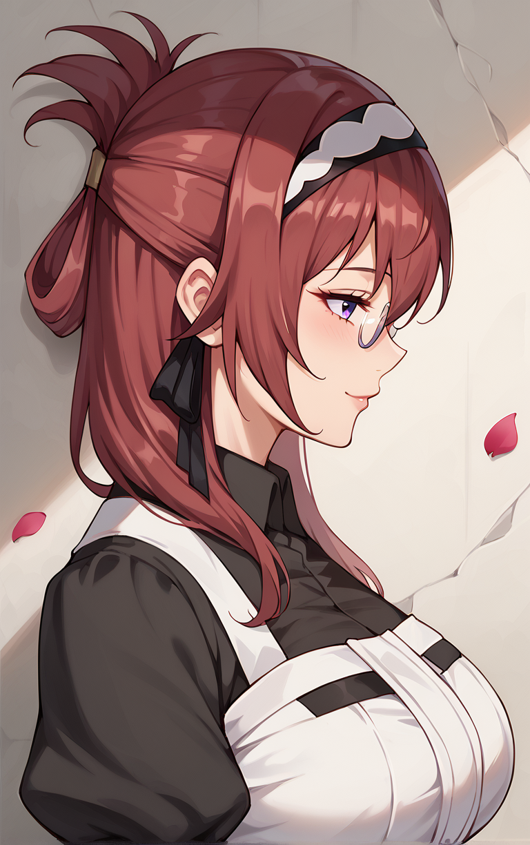 score_9, score_8_up, score_7_up, BREAK 
MaidOutfit_LiliaGreyrat_ownwaifu, 
1girl, folded ponytail, glasses, hair between eyes, hairband, long hair, purple eyes, red hair, semi-rimless eyewear, sidelocks, under-rim eyewear, white hairband, bangs, hair ribbon, large breasts, mature female,
black dress, collared shirt, juliet sleeves, long dress, puffy sleeves, white apron, long sleeves, maid, maid apron, black ribbon, black sleeves,
(profile, portrait, round image), falling petals, red petals, wall,  <lora:PONYXL_MushokuTensei_LiliaGreyrat_ownwaifu:0.85>, solo,
