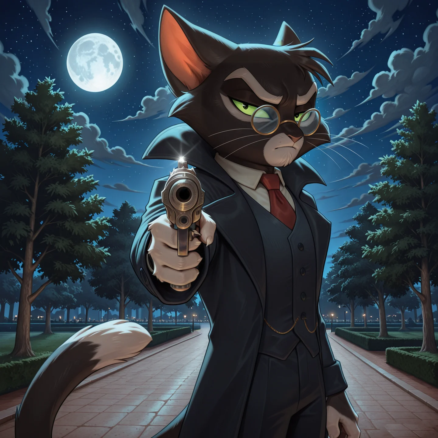 solo, anthro, male, male focus, mordecai heller, lackadaisy, glasses, black vest, black pants, black coat, lackadaisy, serious, night, moon, dark, park, pistol, pointing at viewer, BREAK masterpiece, best quality, amazing quality, very aesthetic, high resolution, ultra-detailed, absurd res, newest, scenery, <lora:MordecaiIL:1>