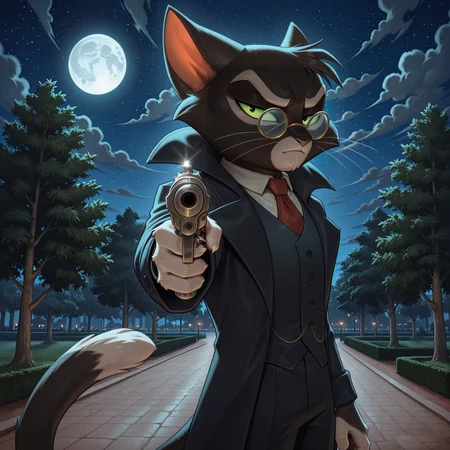 solo, anthro, male, male focus, mordecai heller, lackadaisy, glasses, black vest, black pants, black coat, lackadaisy, serious, night, moon, dark, park, pistol, pointing at viewer, BREAK masterpiece, best quality, amazing quality, very aesthetic, high resolution, ultra-detailed, absurd res, newest, scenery, <lora:MordecaiIL:1>