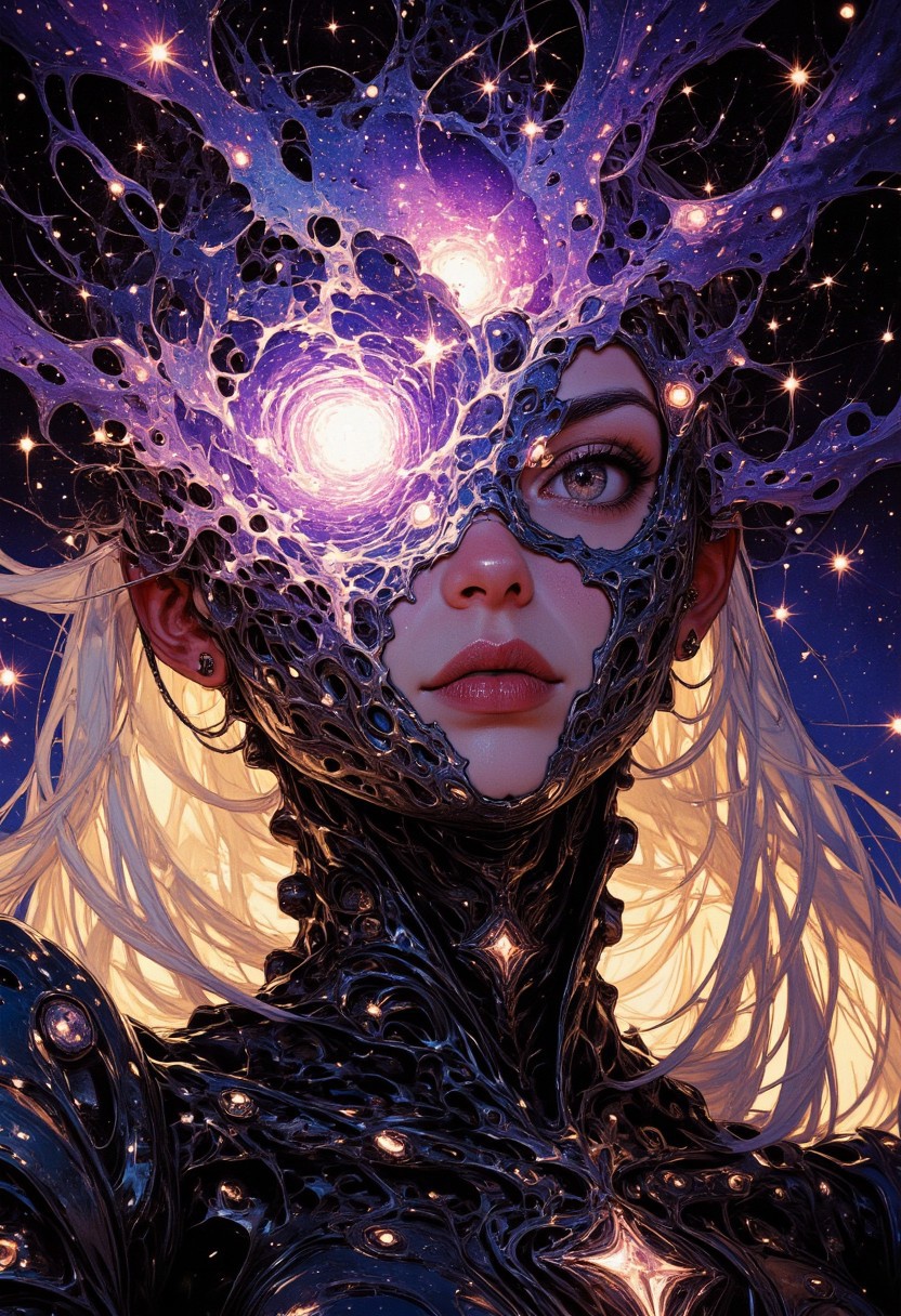 G0thicL1nes, nistyle, manga skatch, A close-up of a person's face, pale shoulders, glowing white hair, partially covered by a cosmic mask that is dissolving, its edges unraveling into tendril-like streaks of glowing stardust. The mask disintegrates in a pattern resembling shattered glass, each fragment revealing swirling nebulae and infinite galaxies within with a great depth. The tendrils stretch outward, warping space, as if tearing through reality itself. The background remains a normal setting— a quiet room —contrasting the surreal distortion of the mask. Sharp, high-contrast lighting emphasizes the depth of the cosmic effect, with bright cosmic purples, deep blues, and golden highlights shimmering against the mundane backdrop. The glass-like cracks refract light, distorting the view, making it unclear where the person ends and the cosmic void begins.