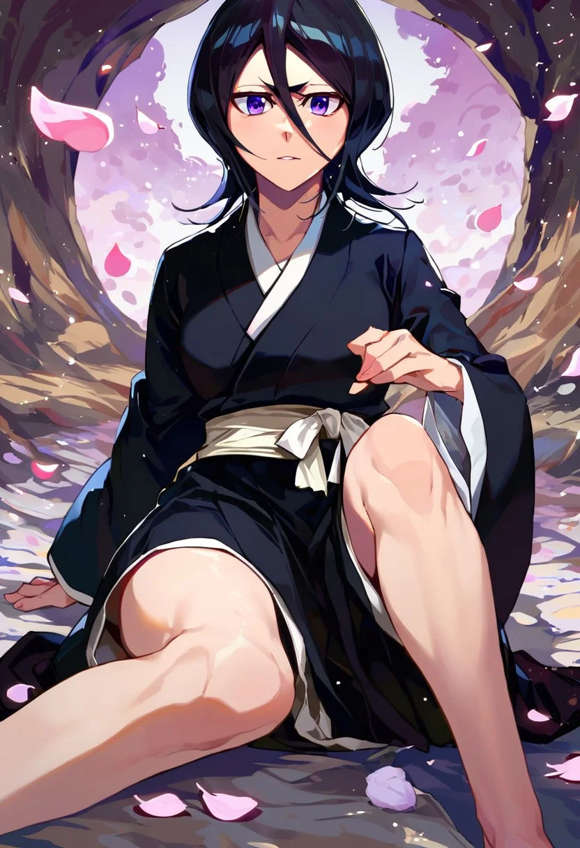 score_9, score_8_up, score_7_up, score_9, BREAK <lora:rukia:1> rukiaSDXL, 1girl, solo, looking at viewer, short hair, black hair, long sleeves, hair between eyes, purple eyes, japanese clothes,white ribbon, wide sleeves, kimono, petals, black kimono, kuchiki rukia, sitting, nip slip,