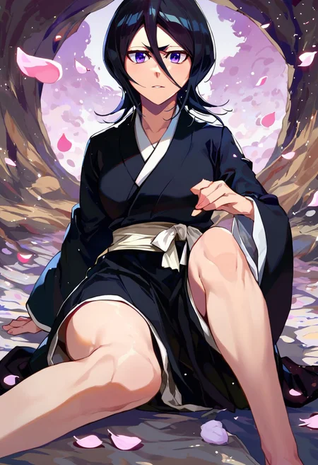 score_9, score_8_up, score_7_up, score_9, BREAK <lora:rukia:1> rukiaSDXL, 1girl, solo, looking at viewer, short hair, black hair, long sleeves, hair between eyes, purple eyes, japanese clothes,white ribbon, wide sleeves, kimono, petals, black kimono, kuchiki rukia, sitting, nip slip,