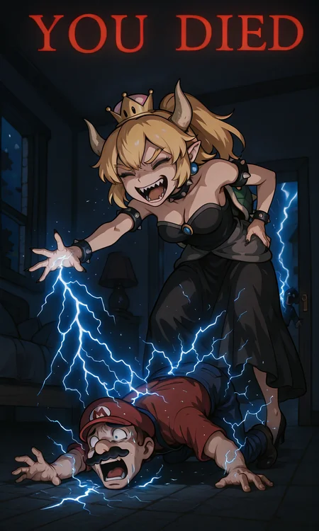 embedding:IllusP0s, you died, defeat, text, low angle, force lighting, electrocution, 1girl one boy, on hand on hip, leaning forward, bowsette, laughing, mario, screaming, pain, mustache, standing, crawling, reaching, indoors, night, chiaroscuro lighting,<lora:force lightning, electrocution_illustrious.safetensors:1.0:1.0> <lora:you died_illustrious.safetensors:1:1>