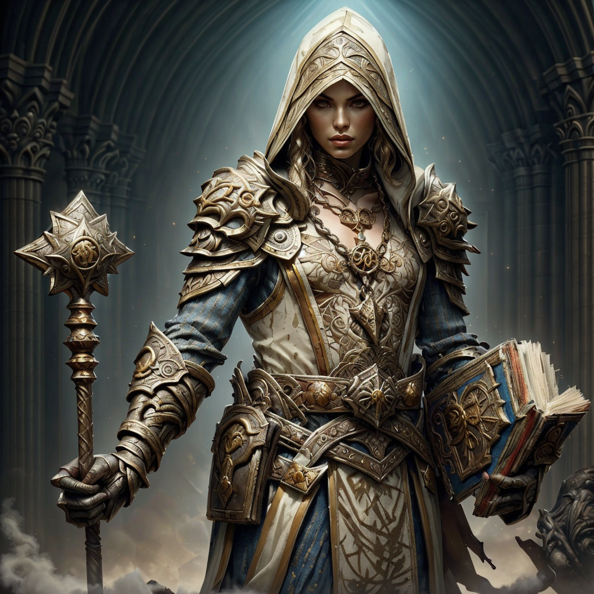 RAW photo, (masterpiece:1.3), subsurface scattering, heavy shadow, (high quality:1.4), (intricate, high detail:1.2), professional photography, HDR, High Dynamic Range, realistic, ultra realistic, photorealistic, high resolution, film photography, ambient lighting, atmospheric effects, <lora:detail_slider_v4:2>, OverallDetail,  <lora:Clerics:1>, 1girl, blonde hair, book, cleric, contrapposto, full body, gauntlets, gloves, holding, hood, male focus, necklace, realistic, shoulder armor, solo, staff, weapon