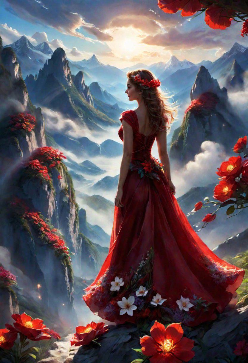 butifl girl, the scarlet flower glows, mountains, magical light,