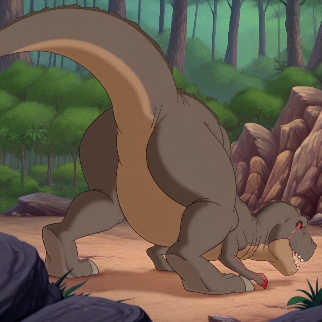 masterpiece, best quality, amazing quality, redclawlbtil, feral, male, Tyrannosaurus, brown skin, scar, one red sclera, one yellow sclera, black eyes, pink scar, forest,   fully body,  solo, one red finger claw, top down bottom up,
