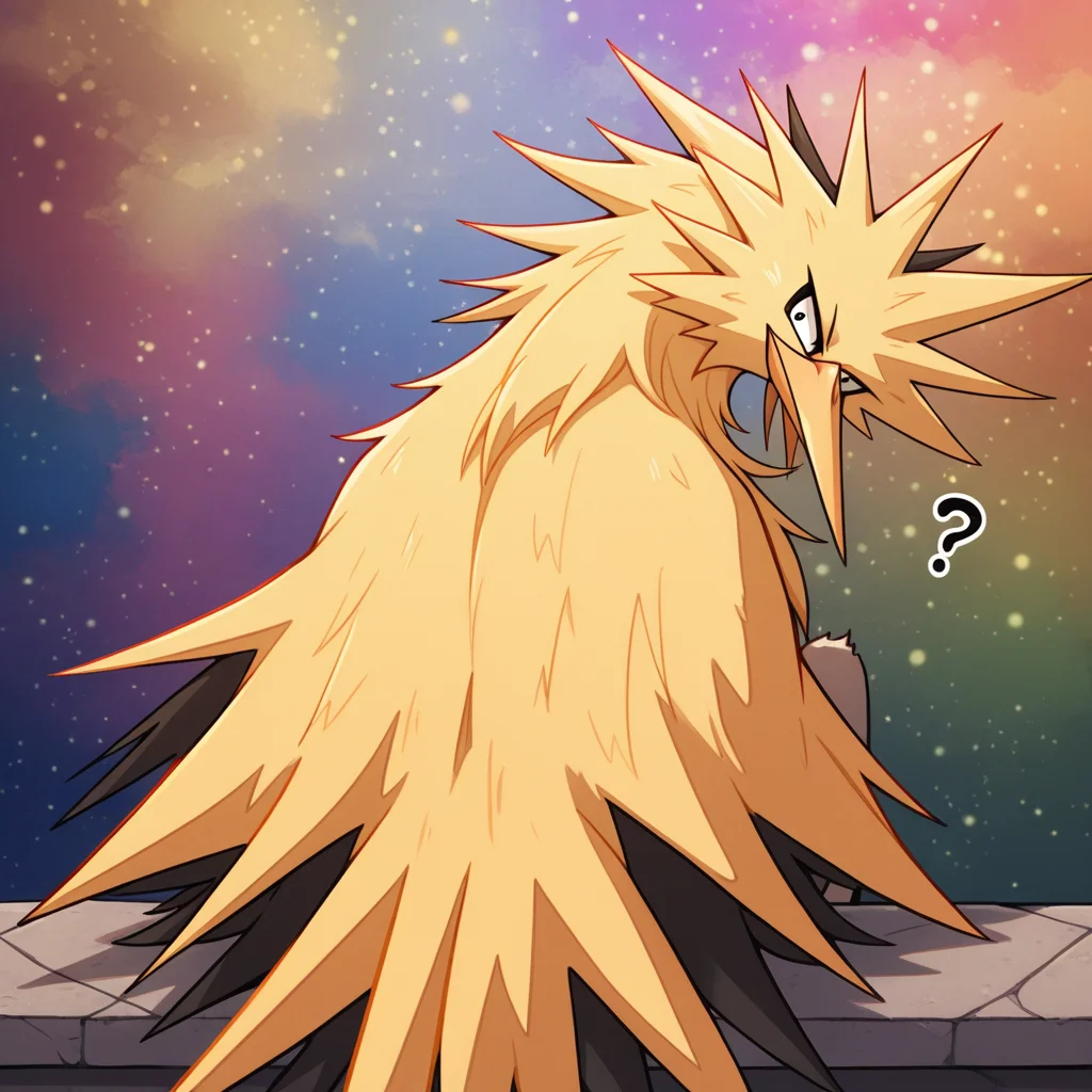 ((vibrant, detailed, detailed background, amazing quality, colorful, masterpiece, 8k, rtx)), beutiful background, BREAK
<lora:zapdos-illus-14:1> pzapb, pokemon \(creature\), bird, 1other, sitting, from behind, looking back, ?, head tilt