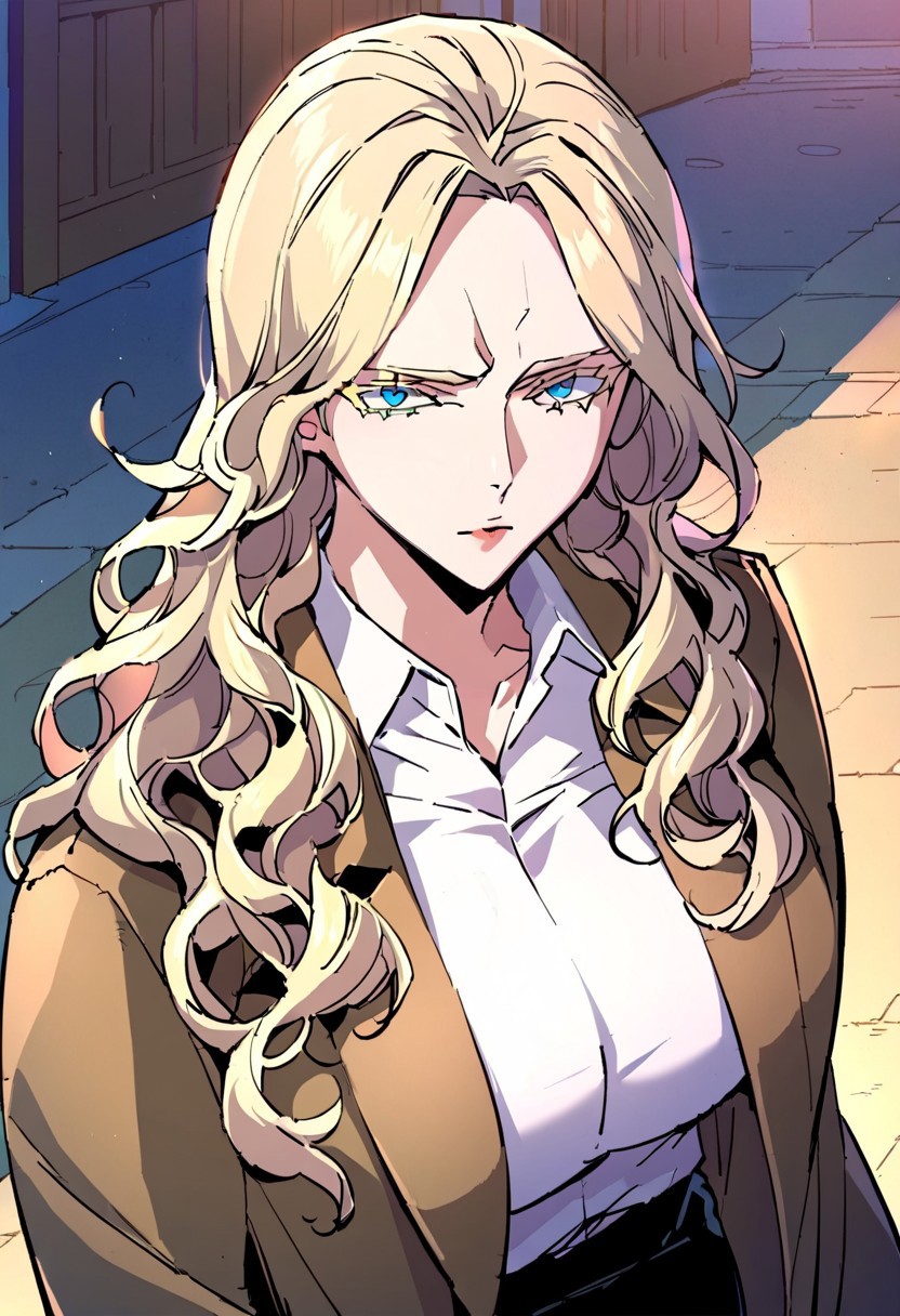 score_9, score_8_up, score_7_up, score_6_up, source_anime, rating_explicit, 1girl, solo, large breasts, <lora:Alice hosekimix:0.9> blonde hair, blue eyes, long hair, wavy hair, colored eyelashes, brown coat, trench coat, white shirt, collared shirt, long sleeves, black pants, expressionless, street, outdoors, looking at viewer, close-up