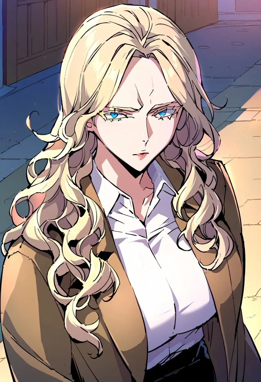 score_9, score_8_up, score_7_up, score_6_up, source_anime, rating_explicit, 1girl, solo, large breasts, <lora:Alice hosekimix:0.9> blonde hair, blue eyes, long hair, wavy hair, colored eyelashes, brown coat, trench coat, white shirt, collared shirt, long sleeves, black pants, expressionless, street, outdoors, looking at viewer, close-up