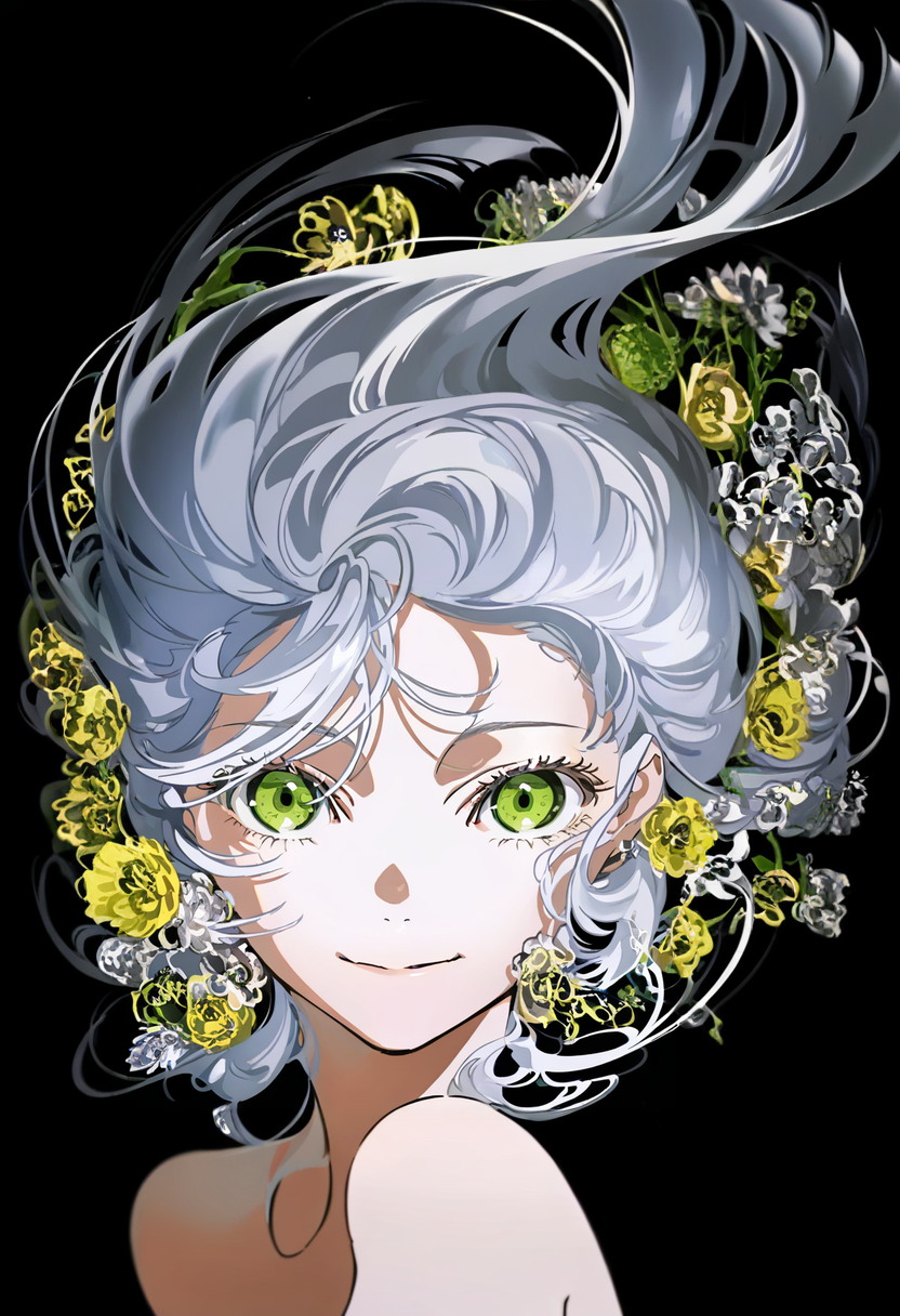 1girl, solo, green eyes, long hair, looking at viewer, floating hair, black background, flower, closed mouth, portrait, bangs, smile, bare shoulders, white hair, grey hair, eyelashes <lora:yoneyamaiXL_NBVP1_lokr_V6311PZ:0.95>