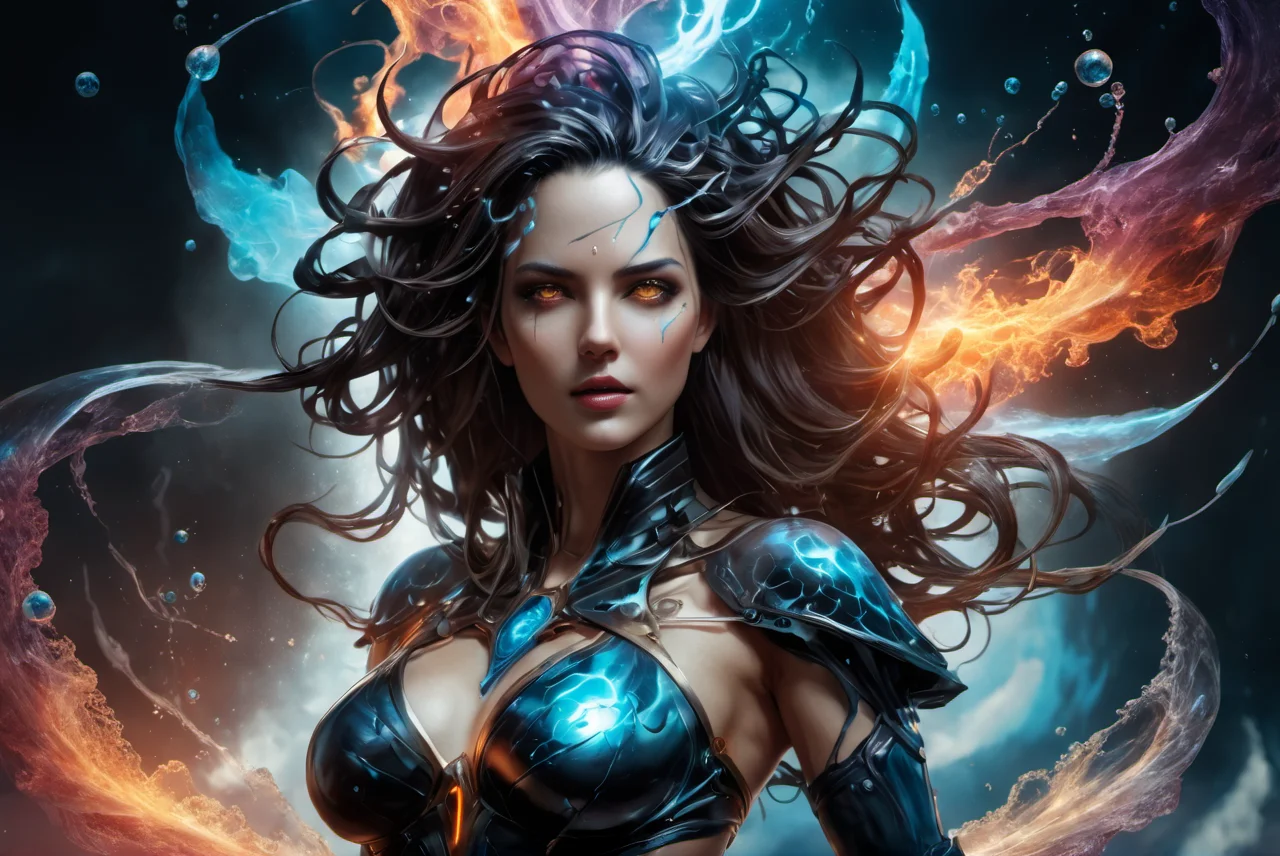 portrait of a sorceress ,awardwinning, 8k, atmospheric,dramatic,godlike,superpowers,power surge,epic,representation of absolute power,dense particles in the atmosphere,in the style of aleksi briclot,sandra chevrier and mythsxl,<lora:mythsxl:1>