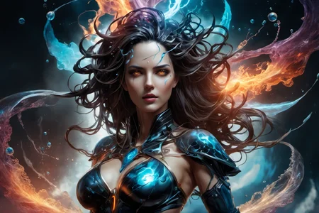 portrait of a sorceress ,awardwinning, 8k, atmospheric,dramatic,godlike,superpowers,power surge,epic,representation of absolute power,dense particles in the atmosphere,in the style of aleksi briclot,sandra chevrier and mythsxl,<lora:mythsxl:1>