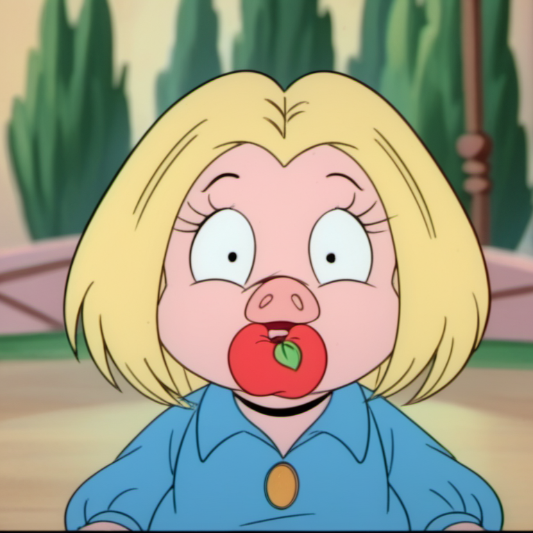 score_9, solo, 1girl, juldt2, child, furry, pig, blonde hair, blue dress, parody, apple in mouth, open mouth, shocked, stunned, facing viewer, retro artstyle, blurry background, Volumetric Lighting, <lora:juldt2-000009:1>,