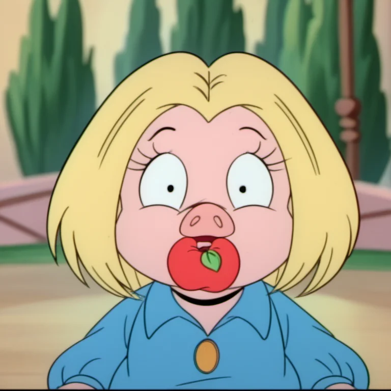 score_9, solo, 1girl, juldt2, child, furry, pig, blonde hair, blue dress, parody, apple in mouth, open mouth, shocked, stunned, facing viewer, retro artstyle, blurry background, Volumetric Lighting, <lora:juldt2-000009:1>,