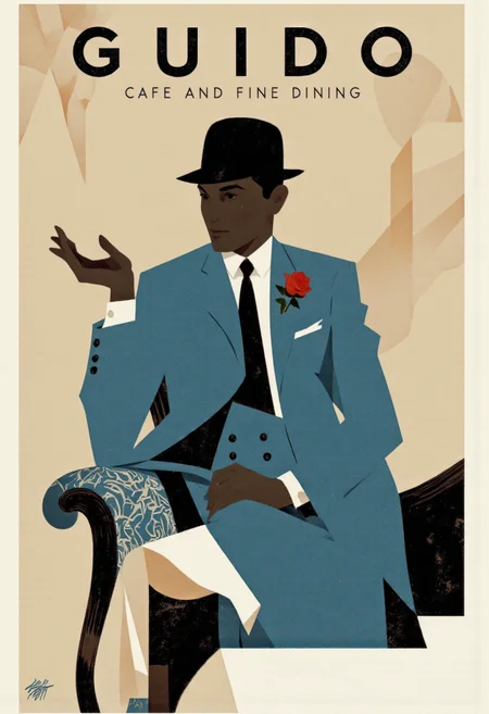 Cinematic photo. A minimalistic art deco poster featuring a silhouette of a man in a stylish suit and hat, sitting on a couch in a cafe or fine dining setting. the poster has a minimalist design with a beige background and the text "GUIDO Cafe and Fine Dining" at the top. the man is positioned in the middle of the image, facing away from the viewer, with his upper body visible. he is wearing a blue suit with a white shirt, a black tie, and a black bowler hat, giving off a sense of sophistication and elegance. his facial expression is neutral, and he is positioned with one arm outstretched, as if inviting the viewer to join him in his journey. the style is reminiscent of the 1950s or 60s, with bold lines and geometric shapes used to create a visually striking composition. the overall color palette is muted, with shades of blue and beige, giving the image a classic and elegant feel.