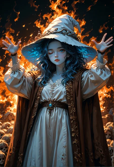 score_9,score_8_up,score_7_up,embedding:zPDXL2, film grain,Cinematic Lighting,colorful, 1girl, arms up, fire, outstretched arms, upper body, ranni-default,ranni the witch,blue eyes,one eye closed,blue hair,wavy hair,4 arms,(multiple faces:1.2),blue skin,colored skin,cracked skin,doll joints,witch hat,white headwear,white dress,long sleeves,fur cloak,brown cloak, burning,golden tree,<lora:增强\(收藏)\sdxl_lightning_8step_lora.safetensors:1.0:1.0> <lora:增强\(收藏)\Midjourney mimic 2.0.safetensors:0.2:0.2> <lora:(风格)\Photo 2 Style SDXL_LoRA_Pony Diffusion V6 XL.safetensors:0.3:0.3> <lora:增强\(收藏)\Midjourney mimic 1.2.safetensors:0.6:0.6> <lora:(风格)\(收藏)\fiasco_A1.safetensors:0.6:0.6> <lora:(风格)\(收藏)\unholy-000009.safetensors:0.2:0.2> <lora:ElmoRiseMeme_pdxl_Incrs_v1.safetensors:1.0:1.0>