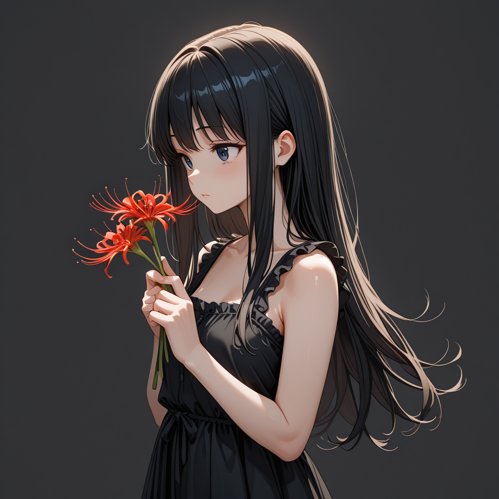 <lora:IL_lycoris _ spider lily_epoch_20:1>,lycoris/(flower/),black theme,1girl,solo,holding flower,, masterpiece,amazing quality,best quality,ultra-detailed,8K,illustration,CG,shiny hair,clear skin,ultra-detailed-eyes,ultra-detailed-background,, <lora:wai-A3-V140:1>,