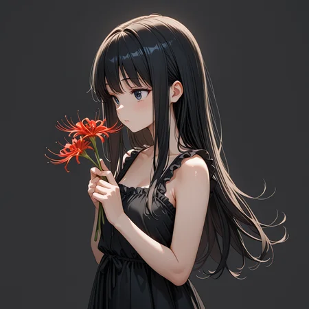 <lora:IL_lycoris _ spider lily_epoch_20:1>,lycoris/(flower/),black theme,1girl,solo,holding flower,, masterpiece,amazing quality,best quality,ultra-detailed,8K,illustration,CG,shiny hair,clear skin,ultra-detailed-eyes,ultra-detailed-background,, <lora:wai-A3-V140:1>,