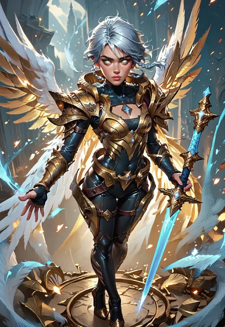 ((zPDXL3)), ((masterpiece,best quality, highly detailed)), ((score_9)), score_8_up, score_7_up, score_6_up, score_5_up, score_4_up, Digital painting style, brushstrokes, ((EnhanceImage)), solo, 1girl, DBRiven, silver hair, golden armor, black bodysuit, bodysuit, golden shoulder armor, sidebraid, silver eyes, cleavage, short hair, gold shoes, heels, wings, angel wings, blue hand, sword, Expressiveh, tanned-skin, 30yo, adult lustful confident woman, petite, slender body, perky saggy natural breasts, full lips, bangs, sidelocks, straps,
chinese magical sorceress, animated, swirling magic, wisps of magic, dancing pose, tight squeezed outfit, magical accessories, evoking motion, conveying motion, dynamic splash art,
<lora:PainterlyFantasiaPDXL:0.6>,