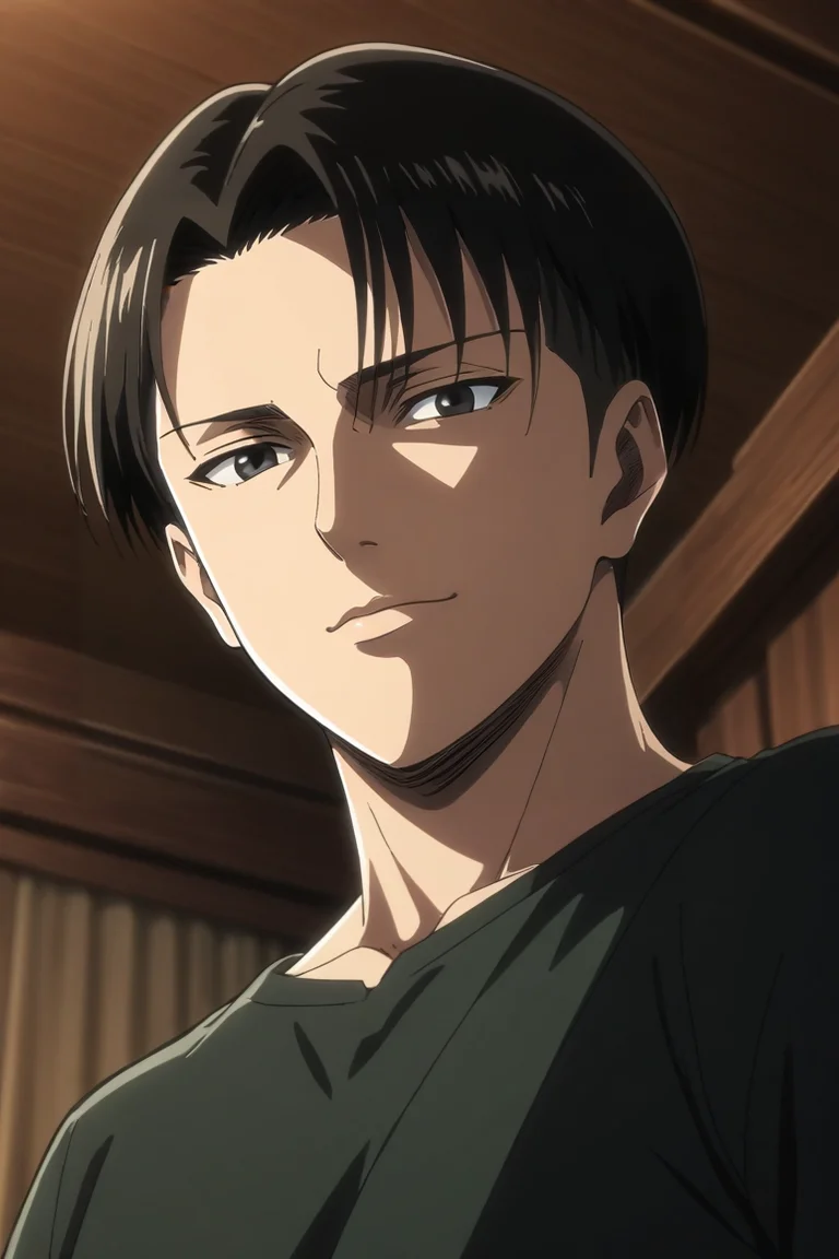 score_9, score_8_up, score_7_up, source_anime, rating_safe, , anime screencap, anime coloring, official style, looking at viewer, , 1boy, solo, male focus, <lora:levi_ackerman_pony:0.88>, levi_ackerman, black hair, black eyes, short hair, curtained hair, , from below, bedroom, night, crescent moon, hand on hip, smile, , <lora:sdxl_lightning_8step_lora:1>
