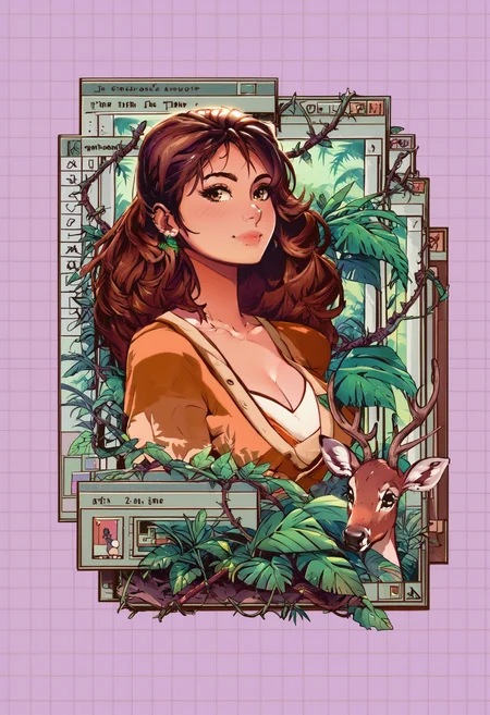 score_9, score_8_up, score_8, 1girl, full body shot of a woman next to a deer, smile, breasts, cleavage, a photo of a beautiful woman, brown hair, in a linen pants and white sexy shirt, tailor clothes, hair of medium length, fluttering in the wind, deer, jungle, full body, blush, flowing hair, makeup, earing, outdoors, brown framed, grid background, purple background, ivy, thorns, grass, a jungle forest, leaf, bush, plant, roots, branch, long hair, solo, drawing, retro, vintage, art, style, Astral Grave <lora:Astral Grave:1.2> <lora:Pony_DetailV2.0:1>