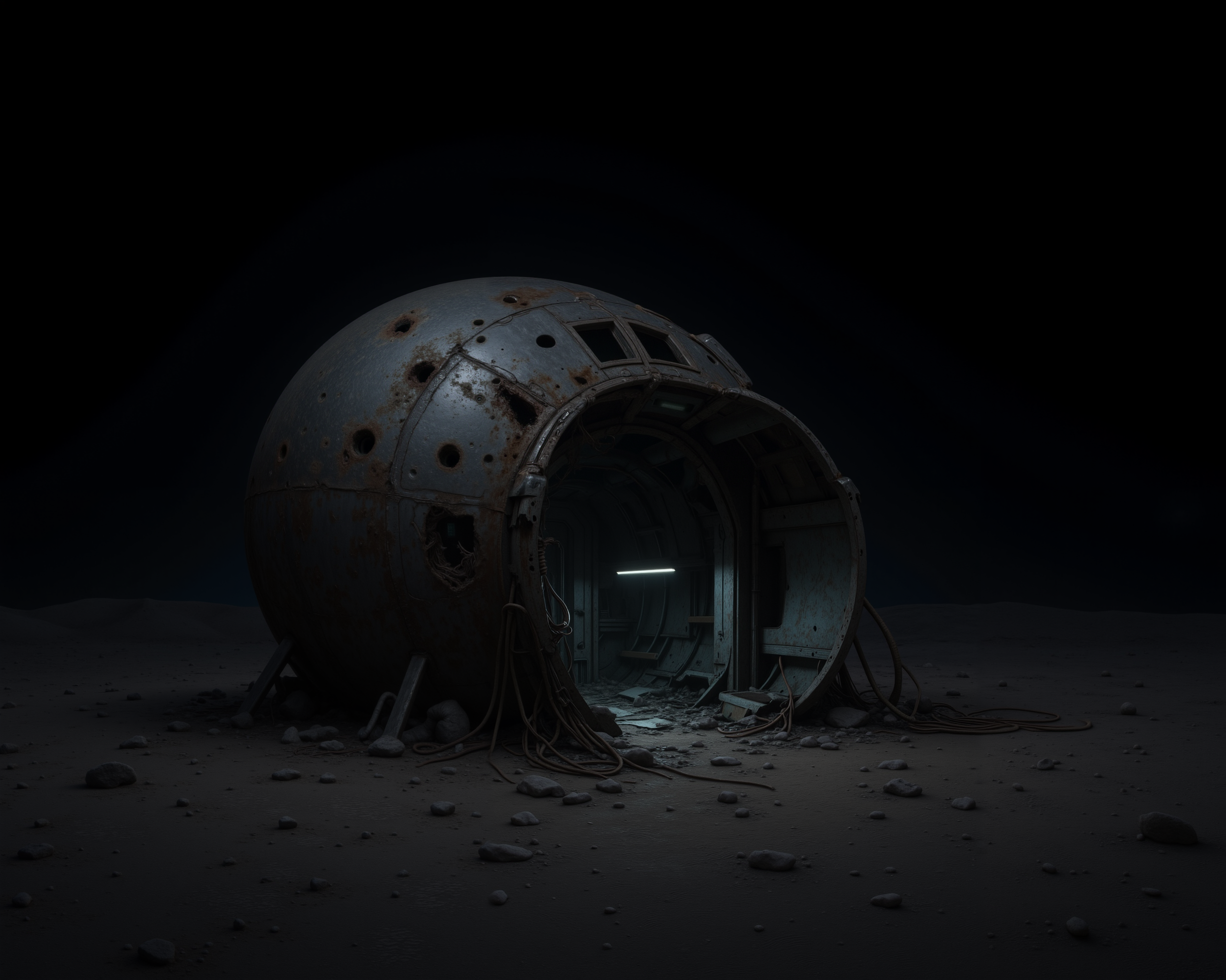 D@m@ge. The image is a high-resolution photo of a futuristic, abandoned space station or lunar base on the surface of the moon. The scene is set against a pitch-black, starless sky, emphasizing the stark, barren lunar landscape. The main structure, a large, spherical habitat module, dominates the center-left of the image. The module's exterior is a weathered, rusty metallic surface, heavily pockmarked with impact craters and scorch marks, suggesting long exposure to harsh environmental conditions.

The entrance to the habitat is a large, ragged opening, framed by twisted, broken pipes and cables. Inside, the interior is dimly lit by a single, flickering fluorescent light, casting eerie shadows.