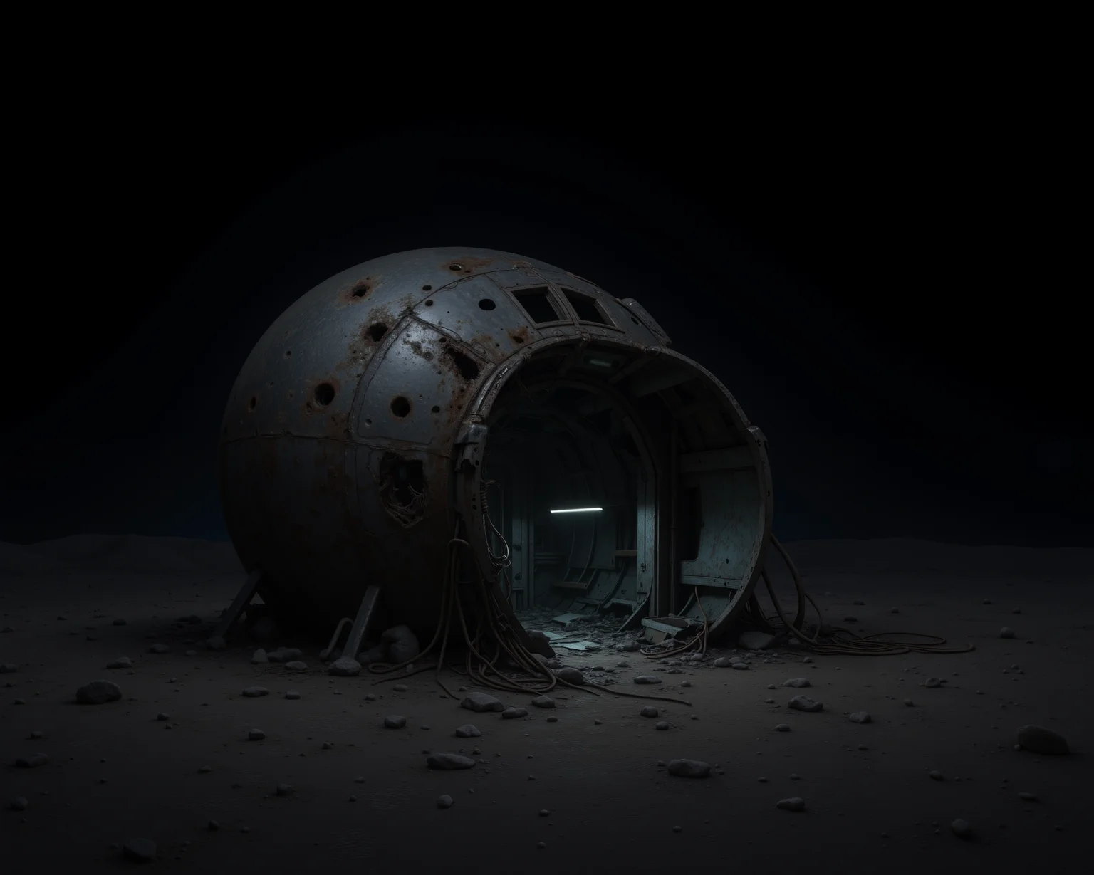 D@m@ge. The image is a high-resolution photo of a futuristic, abandoned space station or lunar base on the surface of the moon. The scene is set against a pitch-black, starless sky, emphasizing the stark, barren lunar landscape. The main structure, a large, spherical habitat module, dominates the center-left of the image. The module's exterior is a weathered, rusty metallic surface, heavily pockmarked with impact craters and scorch marks, suggesting long exposure to harsh environmental conditions.
The entrance to the habitat is a large, ragged opening, framed by twisted, broken pipes and cables. Inside, the interior is dimly lit by a single, flickering fluorescent light, casting eerie shadows.