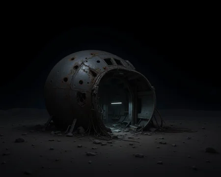 D@m@ge. The image is a high-resolution photo of a futuristic, abandoned space station or lunar base on the surface of the moon. The scene is set against a pitch-black, starless sky, emphasizing the stark, barren lunar landscape. The main structure, a large, spherical habitat module, dominates the center-left of the image. The module's exterior is a weathered, rusty metallic surface, heavily pockmarked with impact craters and scorch marks, suggesting long exposure to harsh environmental conditions.
The entrance to the habitat is a large, ragged opening, framed by twisted, broken pipes and cables. Inside, the interior is dimly lit by a single, flickering fluorescent light, casting eerie shadows.