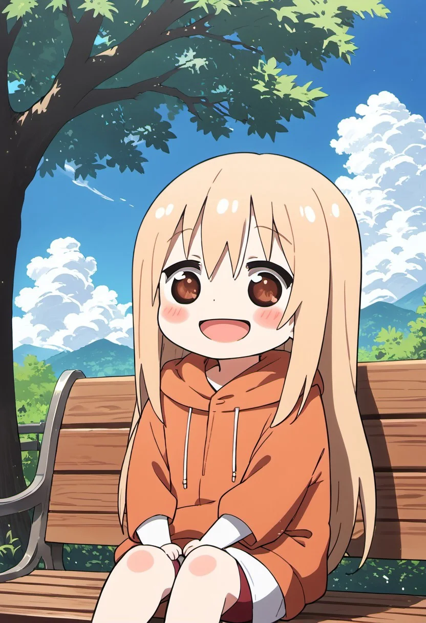 score_9, score_8_up, score_7_up, source_anime,umaru doma, 1girl, solo, long hair, blush, smile, open mouth, blonde hair, brown eyes, outdoors, sky, day, cloud, tree, bench,chibi