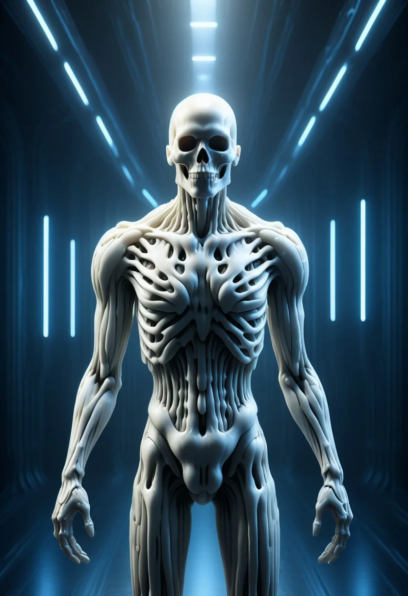 Ultra-detailed cyborg in a spaceship, with anthropomorphic cybernetic skeleton elements on metal armor, neon lights reflections, reflection mapping, intricate design and details, dramatic lighting, hyperrealism, photorealistic, cinematic, 8k --ar 9:16 --v 5