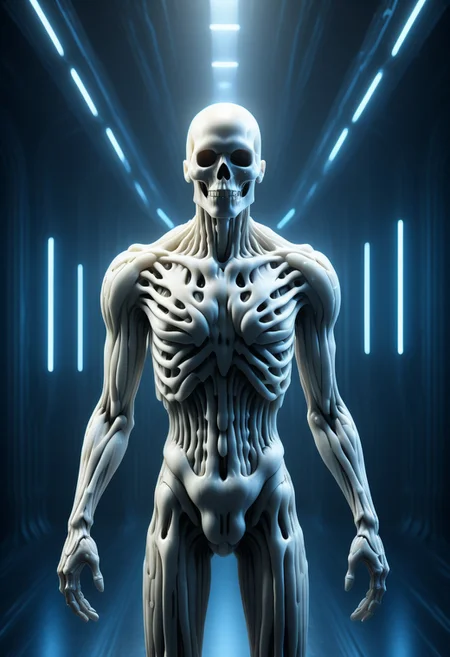 Ultra-detailed cyborg in a spaceship, with anthropomorphic cybernetic skeleton elements on metal armor, neon lights reflections, reflection mapping, intricate design and details, dramatic lighting, hyperrealism, photorealistic, cinematic, 8k --ar 9:16 --v 5