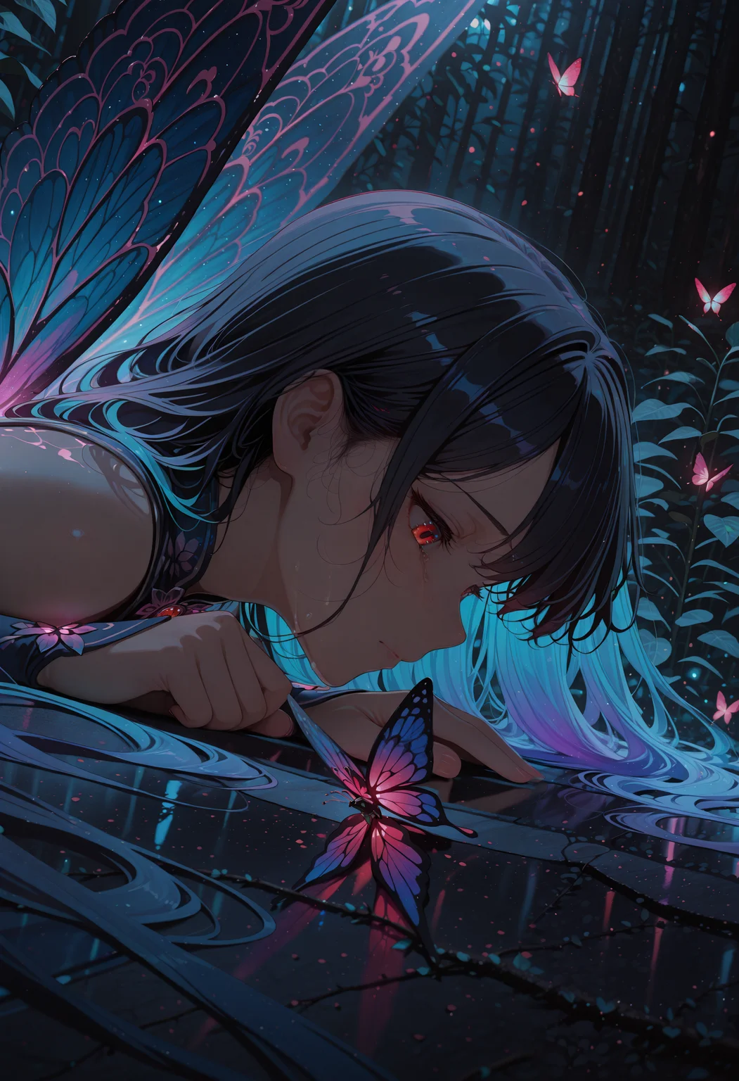 masterpiece, best quality, very aesthetic, absurdres, stylized, newest, depth of field, HDR, high contrast, sharp focus, 8k resolution, digital art, anime style, vibrant colors, photorealistic, smooth gradients, fantasy art style, cinematic lighting, mystical aura, soft shadow, art nouveau inspired, (soft lighting:1.2), (lighting from above:1.2), (scenery), (detailed background design), 
BREAK,
Anime girl, 1girl, solo, Anime girl, lying down, (long dark hair:1.2), (light skin:1.1), (detailed facial features:1.3), (sad expression:1.2), (profile view:1.2), (looking down:1.2), wearing light-colored, detailed clothes, (accessories:1.1), (body type:1.1), vibrant neon blue and purple lighting, (red eyes:1.2), surrounded by many 
small, glowing butterflies, (wings details:1.2)
BREAK
(dark blue environment:1.2), flowers and plants, (detailed background:1.1), vibrant, cool color palette, digital art style, anime style, (lighting effect:1.2), beautiful composition, upper center frame position, photorealistic, intricate, detailed, high detail, 8k resolution, glowing effect, artistic