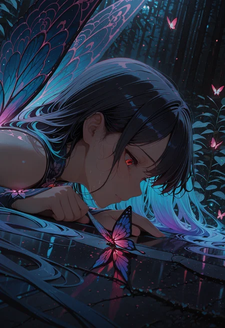 masterpiece, best quality, very aesthetic, absurdres, stylized, newest, depth of field, HDR, high contrast, sharp focus, 8k resolution, digital art, anime style, vibrant colors, photorealistic, smooth gradients, fantasy art style, cinematic lighting, mystical aura, soft shadow, art nouveau inspired, (soft lighting:1.2), (lighting from above:1.2), (scenery), (detailed background design),
BREAK,
Anime girl, 1girl, solo, Anime girl, lying down, (long dark hair:1.2), (light skin:1.1), (detailed facial features:1.3), (sad expression:1.2), (profile view:1.2), (looking down:1.2), wearing light-colored, detailed clothes, (accessories:1.1), (body type:1.1), vibrant neon blue and purple lighting, (red eyes:1.2), surrounded by many
small, glowing butterflies, (wings details:1.2)
BREAK
(dark blue environment:1.2), flowers and plants, (detailed background:1.1), vibrant, cool color palette, digital art style, anime style, (lighting effect:1.2), beautiful composition, upper center frame position, photorealistic, intricate, detailed, high detail, 8k resolution, glowing effect, artistic