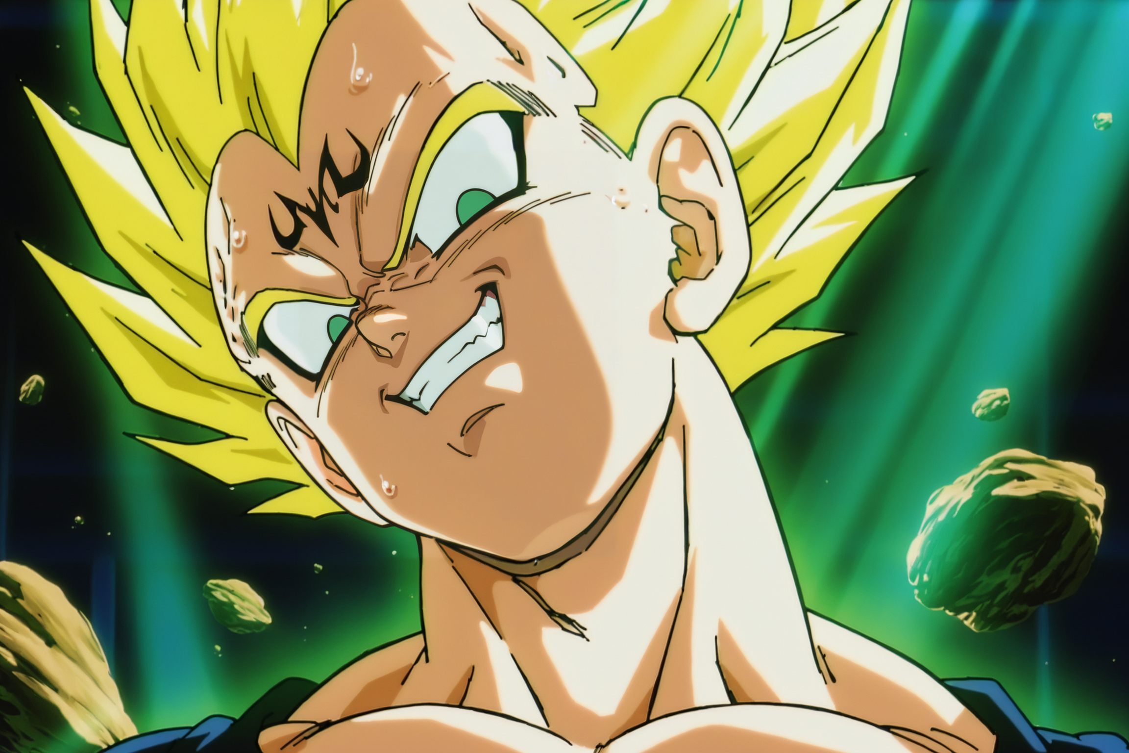 anime screencap, masterpiece, best quality, amazing quality, very aesthetic, absurdres,  newest, (scenery, volumetric lighting), dappled moonlight, light sunlight, light rays,
vegeta, majin vegeta, buu saga, super saiyan 2, 1990s \(style\), anime coloring, retro artstyle, forehead mark, solo, looking at viewer, spiked hair, blonde hair, green eyes, 1boy, male focus, teeth, grin, eyeliner, clenched teeth, portrait, close-up, floating rock, evil smile, head tilt, sweatdrop, no pupils
<lora:Vegeta_IL_V2:0.8>