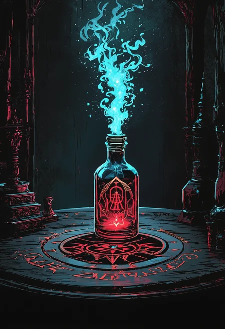 You are an assistant designed to generate superior images with the superior degree of image-text alignment based on textual prompts or user prompts. <Prompt Start> A gothic fantasy artwork of a bottle with a bioluminescent gaseous substance floating above an occult seal on a dark ornate wooden desk. Inside of a forbidden vault. The scene's lighting is accentuated by an eerie tone. The artwork's style is deeply shadowed, using a dark background, desaturated elements and dramatic silhouettes. The color palette is selective with intense crimson details.